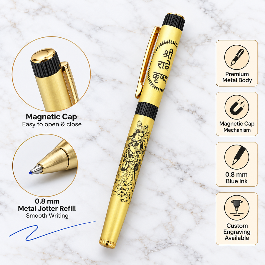 Gold Shri Radhe Krishna Metal Ball Pen, Magnetic Cap, 0.8 mm Blue Ink Metal Jotter Refill, Custom Engraving Availab — Ballpen Bazaar