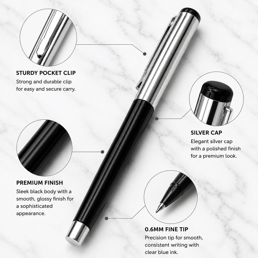 Glossy Black & Blue Ball Pen Set of 2 with Silver Cap, Openable, Blue Ink — Ballpen Bazaar
