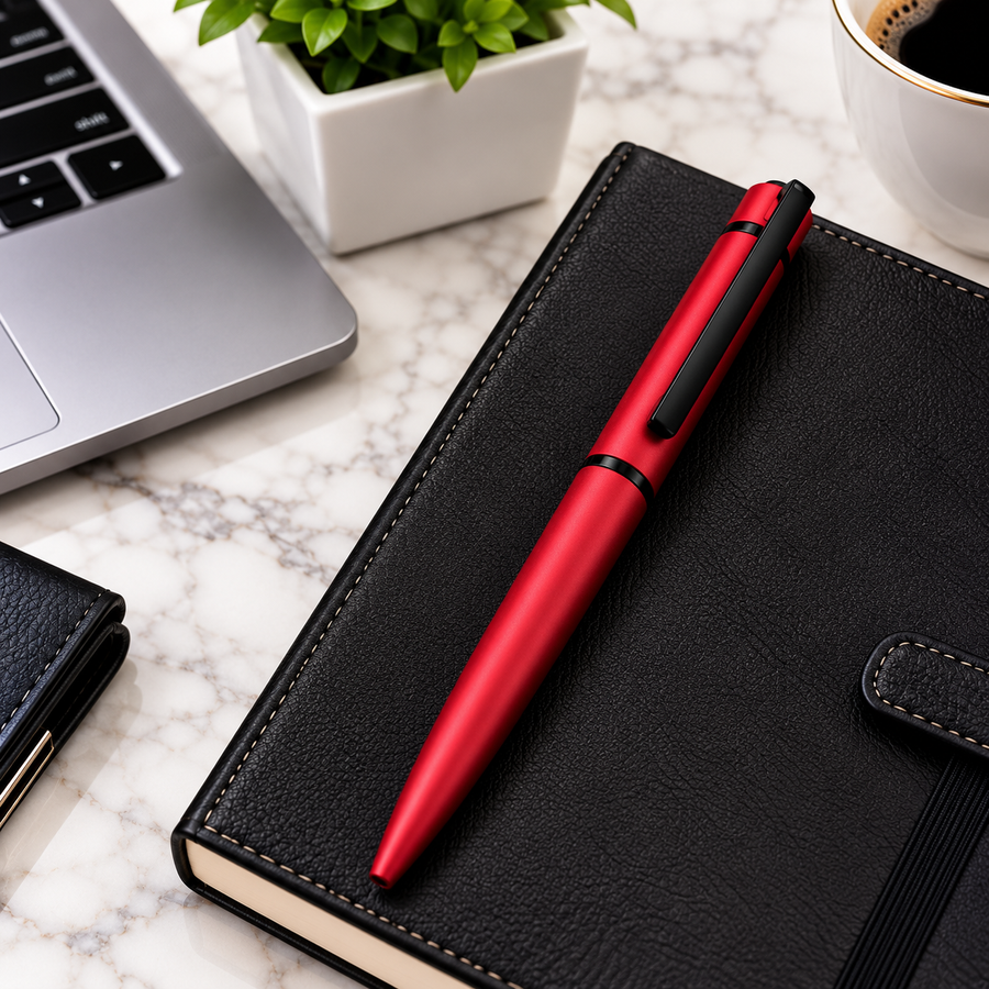Red Metal Ball Pen with Black Clip | Twist Mechanism | Blue Ink | 0.7 mm Screw Type Metal Refill | 1 Extra Refill Free