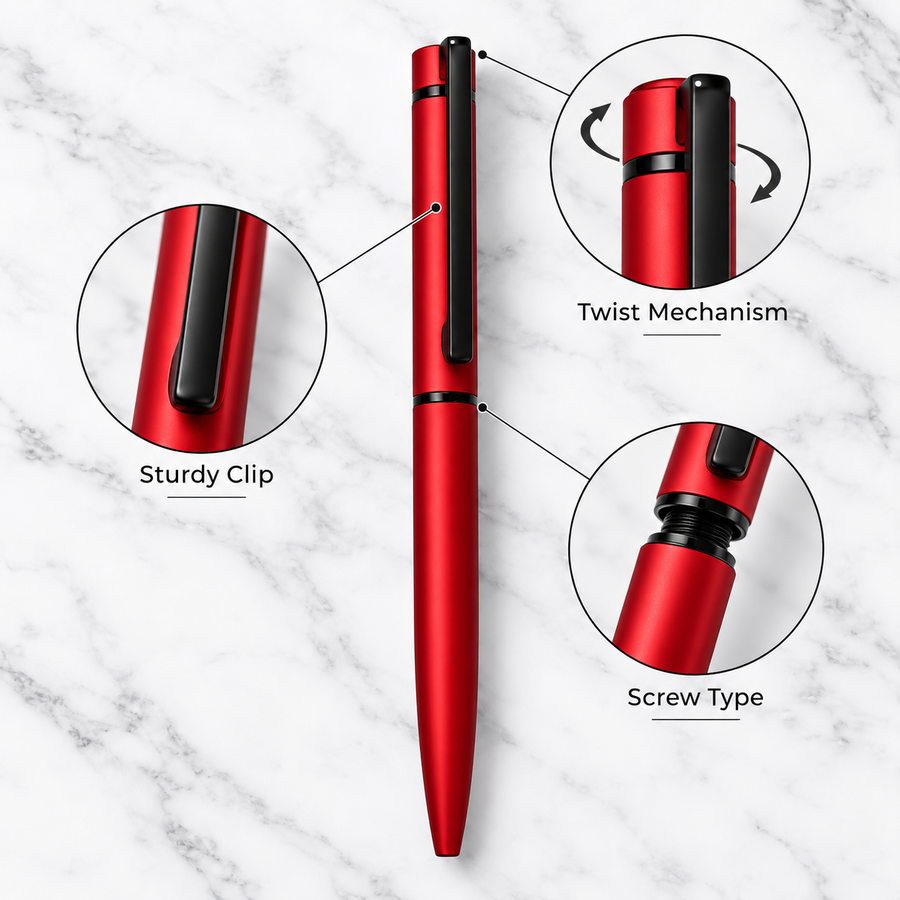 Red Metal Ball Pen with Black Clip | Twist Mechanism | Blue Ink | 0.7 mm Screw Type Metal Refill | 1 Extra Refill Free