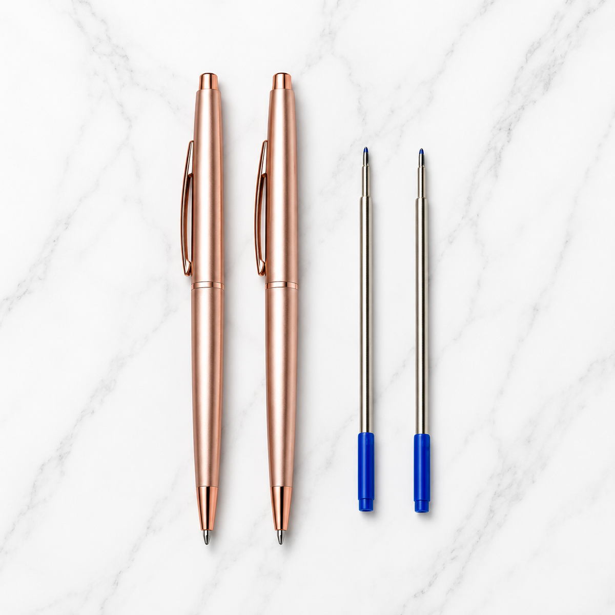 Ballpen Bazaar  Ballpen Bazaar Set of 02 Metallic Glossy Rose Gold Ball Pen with Rose Gold Clip | Twist Mechanism | Blue Ink | Includes 2 Free Cross Type Blue Ink Refills | Premium Metal Pens for Office, Business, Executive, Gifting with Name Engraving