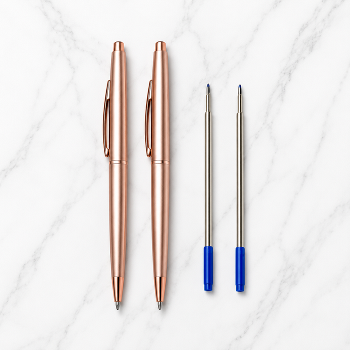 Ballpen Bazaar  Ballpen Bazaar Set of 02 Metallic Glossy Rose Gold Ball Pen with Rose Gold Clip | Twist Mechanism | Blue Ink | Includes 2 Free Cross Type Blue Ink Refills | Premium Metal Pens for Office, Business, Executive, Gifting with Name Engraving