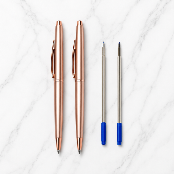 Ballpen Bazaar  Ballpen Bazaar Set of 02 Metallic Glossy Rose Gold Ball Pen with Rose Gold Clip | Twist Mechanism | Blue Ink | Includes 2 Free Cross Type Blue Ink Refills | Premium Metal Pens for Office, Business, Executive, Gifting with Name Engraving
