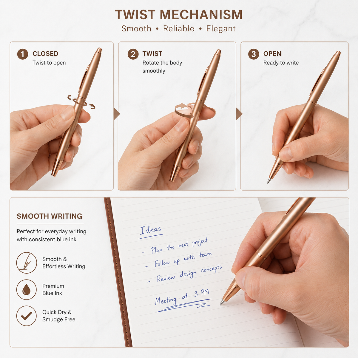 Ballpen Bazaar  Ballpen Bazaar Set of 02 Metallic Glossy Rose Gold Ball Pen with Rose Gold Clip | Twist Mechanism | Blue Ink | Includes 2 Free Cross Type Blue Ink Refills | Premium Metal Pens for Office, Business, Executive, Gifting with Name Engraving