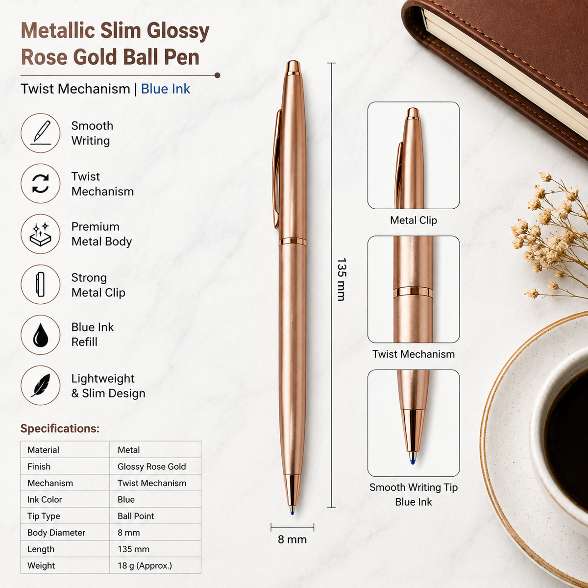Ballpen Bazaar  Ballpen Bazaar Set of 02 Metallic Glossy Rose Gold Ball Pen with Rose Gold Clip | Twist Mechanism | Blue Ink | Includes 2 Free Cross Type Blue Ink Refills | Premium Metal Pens for Office, Business, Executive, Gifting with Name Engraving