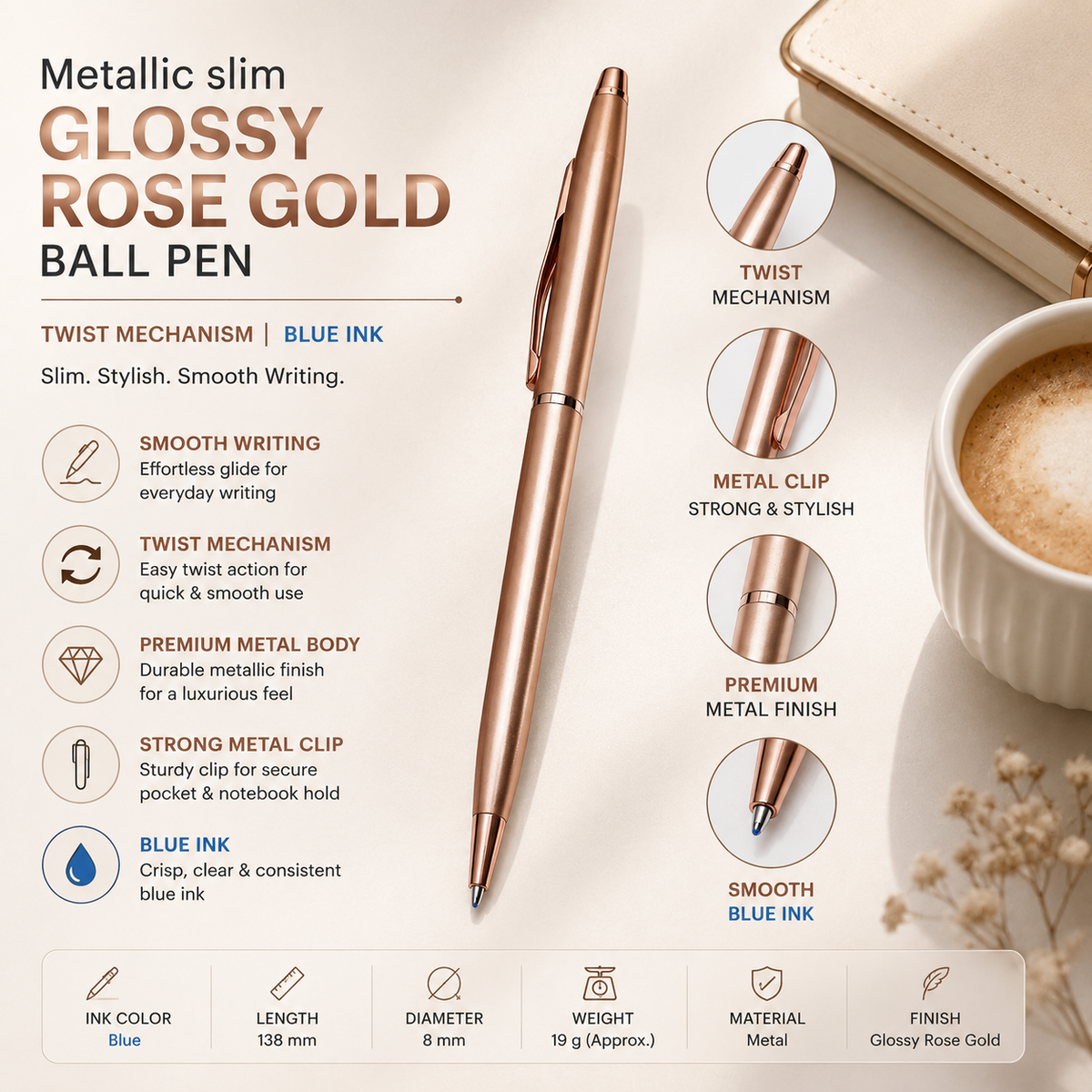 Ballpen Bazaar  Ballpen Bazaar Set of 02 Metallic Glossy Rose Gold Ball Pen with Rose Gold Clip | Twist Mechanism | Blue Ink | Includes 2 Free Cross Type Blue Ink Refills | Premium Metal Pens for Office, Business, Executive, Gifting with Name Engraving
