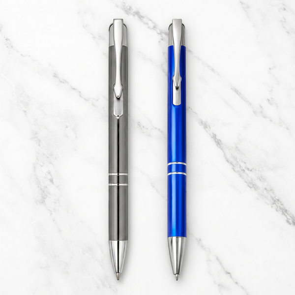 Ballpen Bazaar Set of 2 Metallic Glossy Ball Pens Gray & Blue Body with Silver Clip Click Mechanism Blue Ink