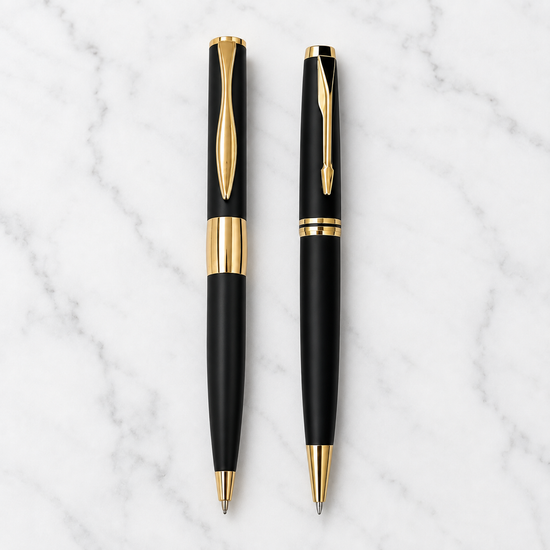 Set of 2 Matt Black Gold Twist Metal Ball Pens, Blue Ink, 2 Free Blue Refills, Executive Gift Pens — Ballpen Bazaar