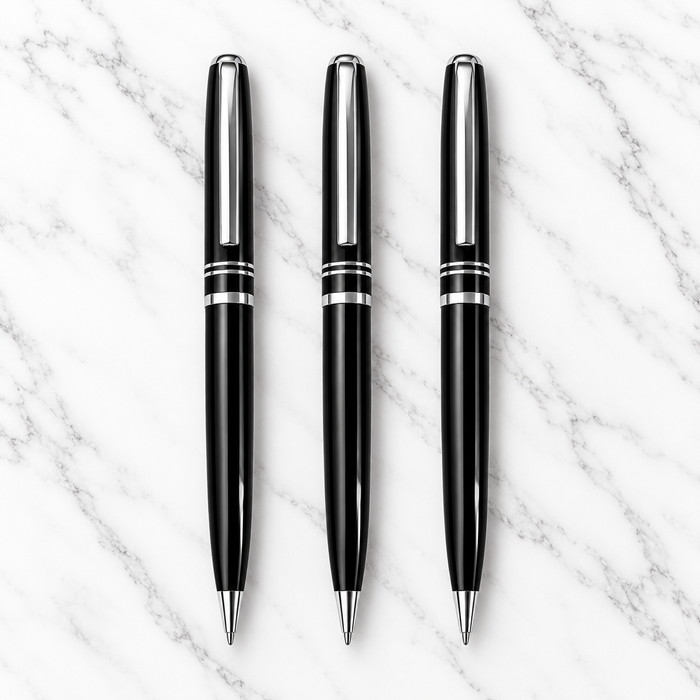 Set of 3 Glossy Black Metal Twist Ball Pens – Silver Clip & Ring Design | Screw-Type Refill | 3 Extra Refills