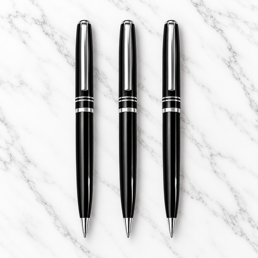 Set of 3 Glossy Black Metal Twist Ball Pens – Silver Clip & Ring Design | Screw-Type Refill | 3 Extra Refills