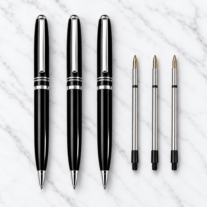 Set of 3 Glossy Black Metal Twist Ball Pens with Double Centre Ring | Black Ink | 0.7 mm Screw Type Metal Refill | 3 Extra Refills Free