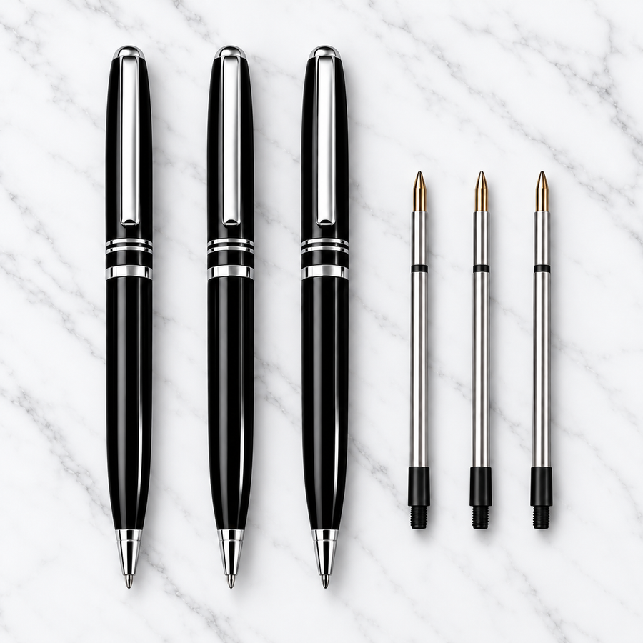 Set of 3 Glossy Black Metal Twist Ball Pens with Double Centre Ring | Black Ink | 0.7 mm Screw Type Metal Refill | 3 Extra Refills Free