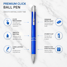 Ballpen Bazaar Set of 3 Metallic Ball Pens – Black, Blue & Gray Body with Silver Clip | Click Mechanism | Blue Ink