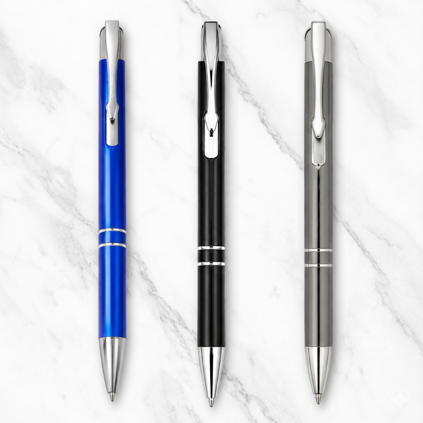 Ballpen Bazaar Set of 3 Metallic Ball Pens – Black, Blue & Gray Body with Silver Clip | Click Mechanism | Blue Ink