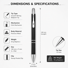 Ballpen Bazaar Metallic Glossy Black Ball Pen with Silver Clip Click Mechanism Blue Ink | Premium Smooth Writing Pen | Pack of 2