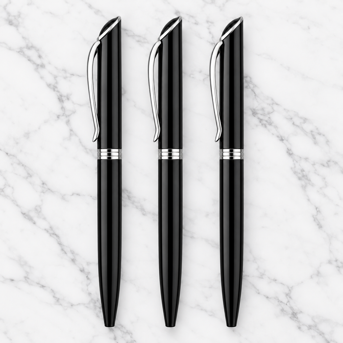 Set of 3 Metallic Glossy Black Ball Pens with Silver Clip – Twist Mechanism, Blue Ink & 3 Extra Refills