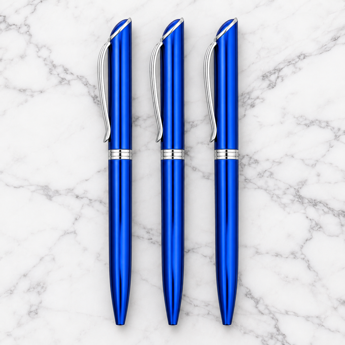 Set of 3 Metallic Glossy Blue Ball Pens with Silver Clip – Twist Mechanism, Blue Ink & 3 Extra Screw Type Refills