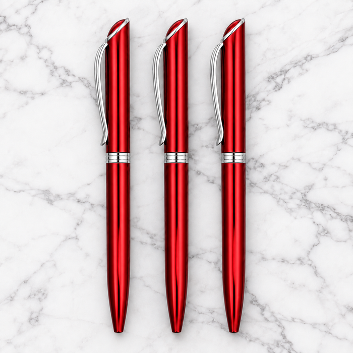 Set of 3 Metallic Glossy Red Ball Pens with Silver Clip – Twist Mechanism, Blue Ink + 3 Screw Type Refills Free