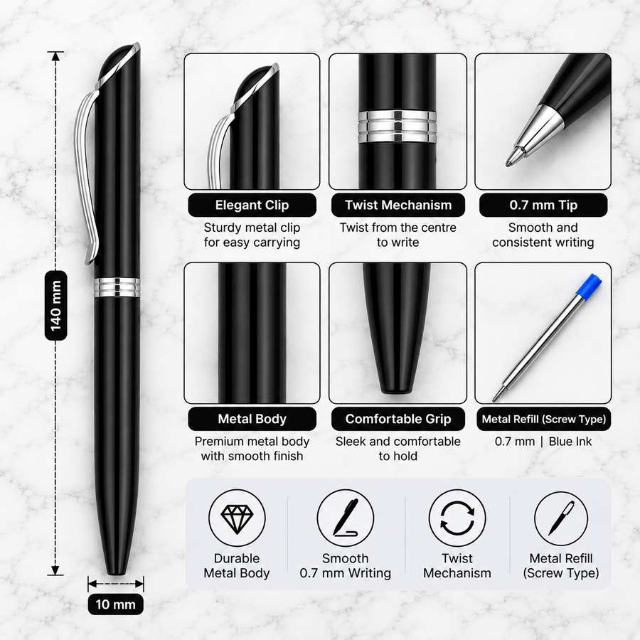 Set of 3 Metallic Glossy Twist Metal Ball Pens – Blue, Red & Black, Blue Ink, 3 Extra Screw Type Metal Refills (Blu — Ballpen Bazaar