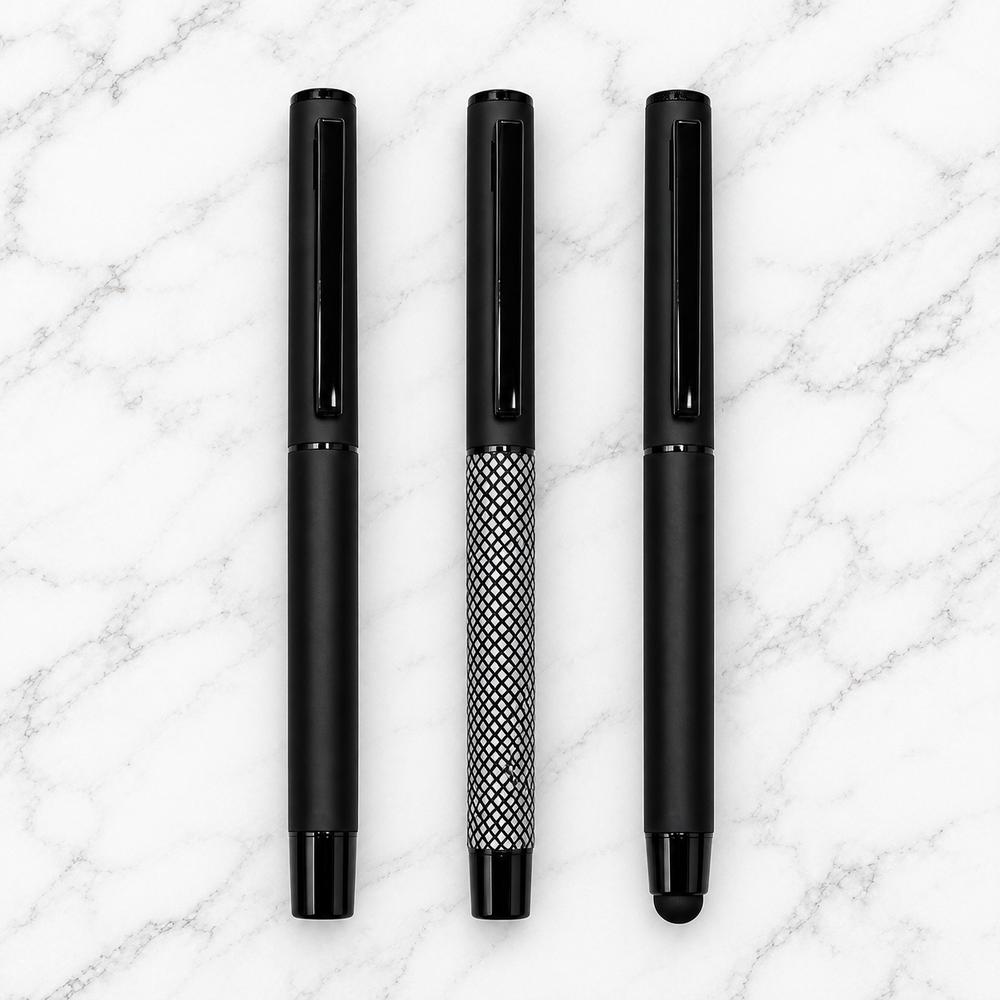 Set of 3 Openable Metal Ball Pens – Matt Black, Matt Black White Grid & Stylus Matt Black, Blue Ink, 3 Free Refills — Ballpen Bazaar