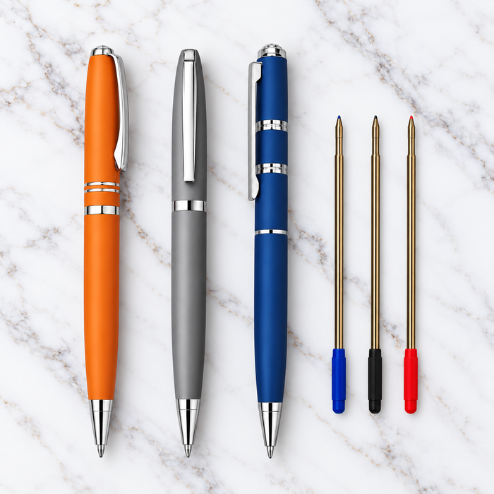 Set of 3 Twist Metal Ball Pens – Matt Orange, Matt Blue & Matt Gray with Glossy Silver Clip, Blue Ink, Includes 3 E — Ballpen Bazaar