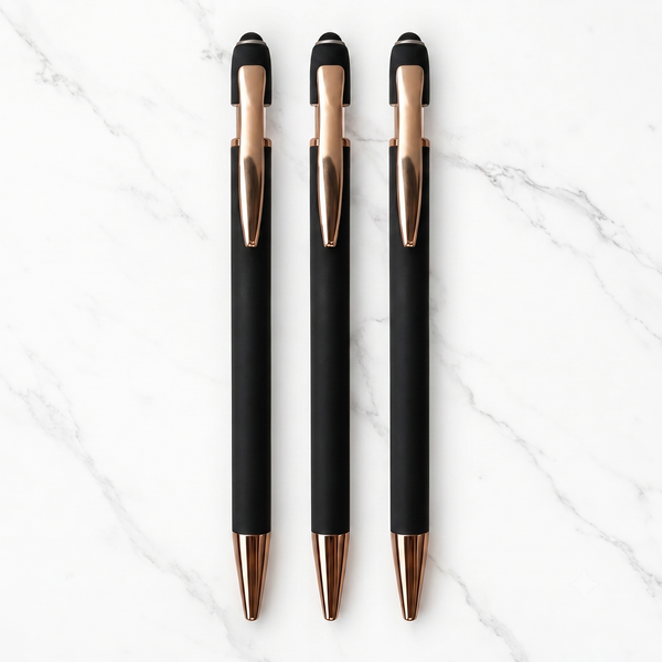 Ballpen Bazaar Set of 3 Stylus Matt Black Ball Pens with Rose Gold Clip | Click Mechanism | Blue Ink | Premium Metal Touchscreen Pen Combo