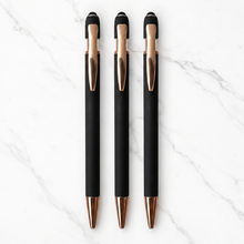Ballpen Bazaar Set of 3 Stylus Matt Black Ball Pens with Rose Gold Clip | Click Mechanism | Blue Ink | Premium Metal Touchscreen Pen Combo