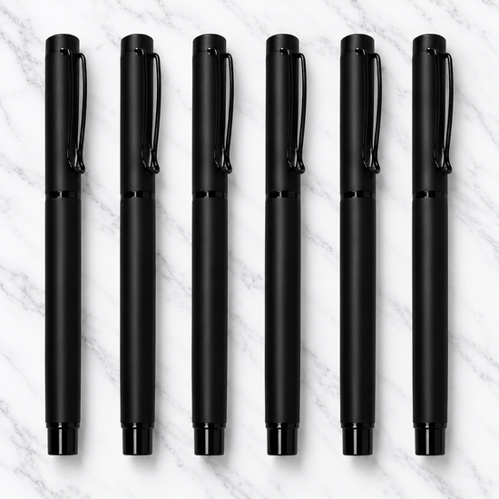 Set of 6 Matt Black Metal Ball Pens with Black Clip – 0.7mm Blue Ink, Plastic Grip & 6 Extra Refills — Ballpen Bazaar