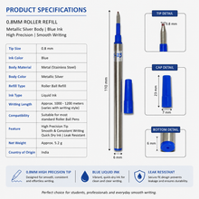 Set of 6 Roller Pen Refills 0.8mm Blue Ink | Smooth Writing