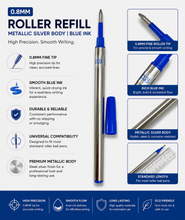 Set of 6 Roller Pen Refills 0.8mm Blue Ink | Smooth Writing