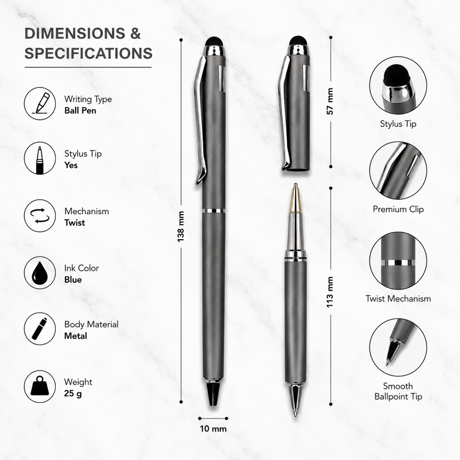 Stylus Gunmetal Ball Pen Set of 2 with Silver Clip, Twist, Blue Ink — Ballpen Bazaar