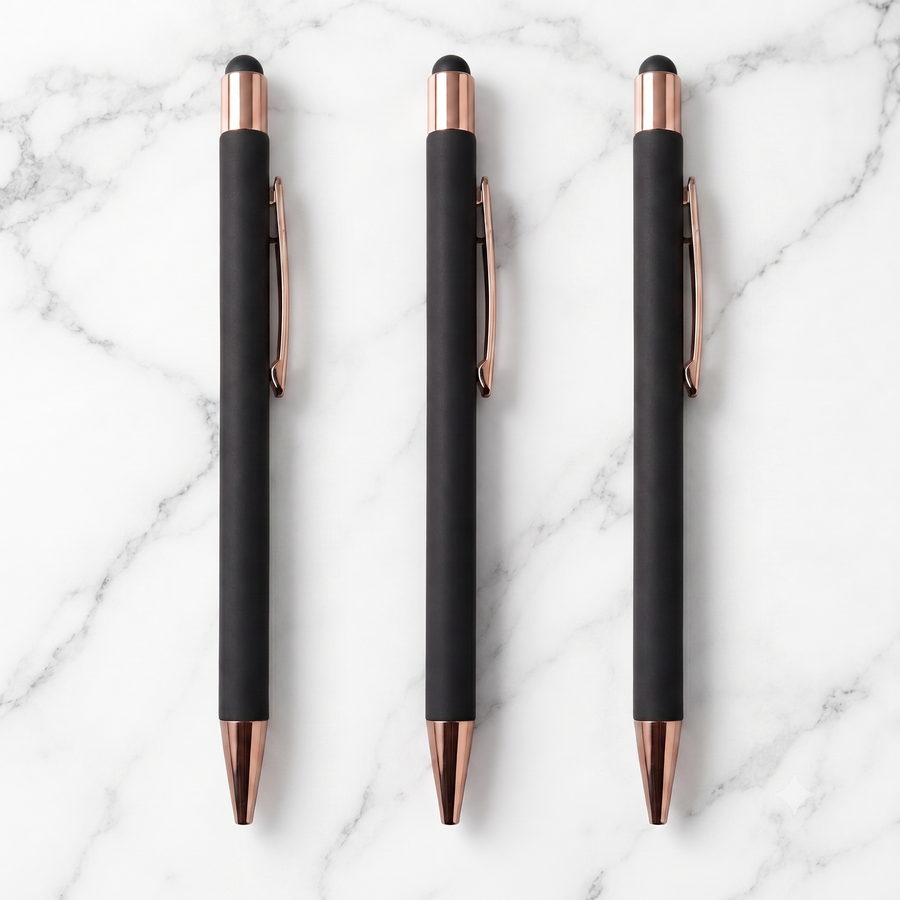Stylus Matt Black Ball Pen Set of 3 with Copper Clip, Click, Blue Ink — Ballpen Bazaar