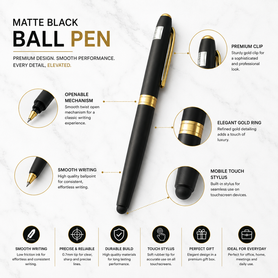 Stylus Matt Black Ball Pen with Magnetic Cap & Gold Clip, Openable, Blue Ink — Ballpen Bazaar