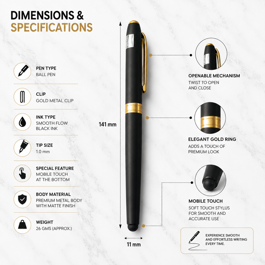 Stylus Matt Black Ball Pen with Magnetic Cap & Gold Clip, Openable, Blue Ink — Ballpen Bazaar