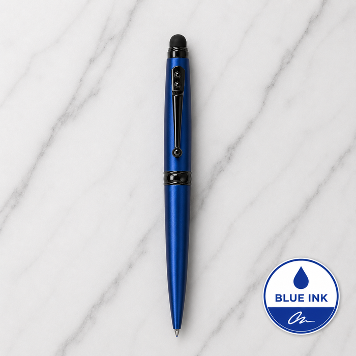 Stylus Matt Blue Ball Pen with Glossy Black Designer Clip, Twist Mechanism, 1 Pen + 1 Surprise Ball Pen Free — Ballpen Bazaar
