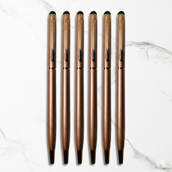 Ballpen Bazaar Stylus Metallic Glossy Rose Gold Ball Pen Set of 6 with Copper Clip | Twist Mechanism | Smooth Blue Ink Writing Pens