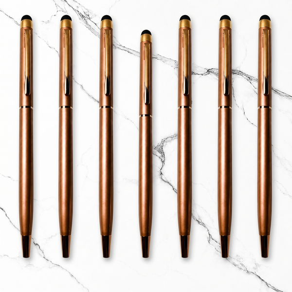 Ballpen Bazaar Stylus Metallic Glossy Rose Gold Ball Pen Set of 7 | Copper Clip | Twist Mechanism | Smooth Blue Ink Writing Pen | Premium Metal Stylus Pen for Office School Business Gift