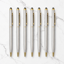 Ballpen Bazaar Stylus Metallic Glossy Silver Ball Pen Set of 7 | Gold Clip Twist Mechanism | Smooth Blue Ink Writing Pen | Premium Metal Stylus Pen for Office School Business Gift