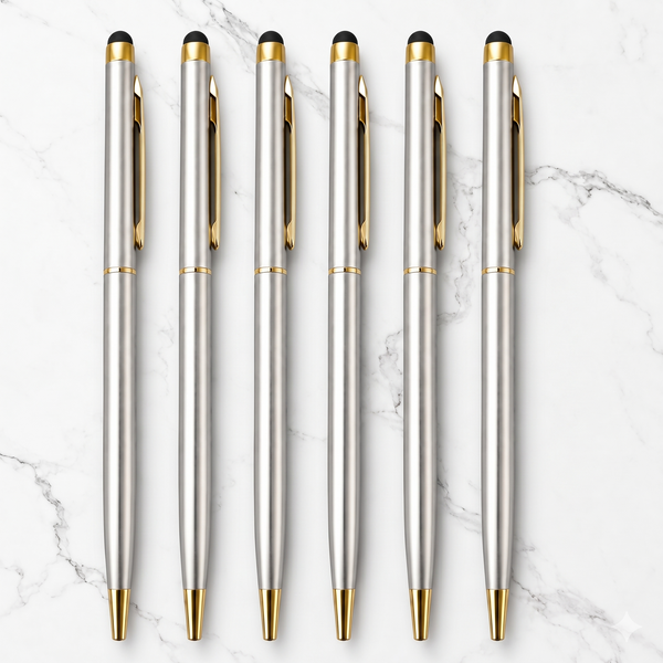 Ballpen Bazaar Stylus Metallic Glossy Silver Ball Pen with Gold Clip | Twist Mechanism | Blue Ink | Premium Metal Touch Pen | Pack of 6