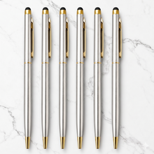 Ballpen Bazaar Stylus Metallic Glossy Silver Ball Pen with Gold Clip | Twist Mechanism | Blue Ink | Premium Metal Touch Pen | Pack of 6