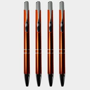 Ballpen Bazaar’s Metallic Glossy Orange Click Ball Pen Set – 4 Premium Metal Body Pens with Silver Clip | Smooth Blue Ink Writing