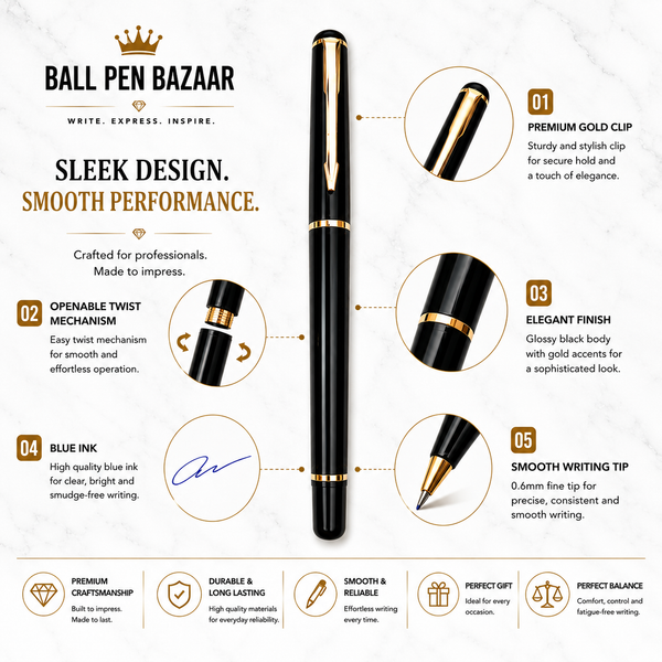 Black Body Golden Clip Ball Pen – Blue Ink | BallPenBazaar