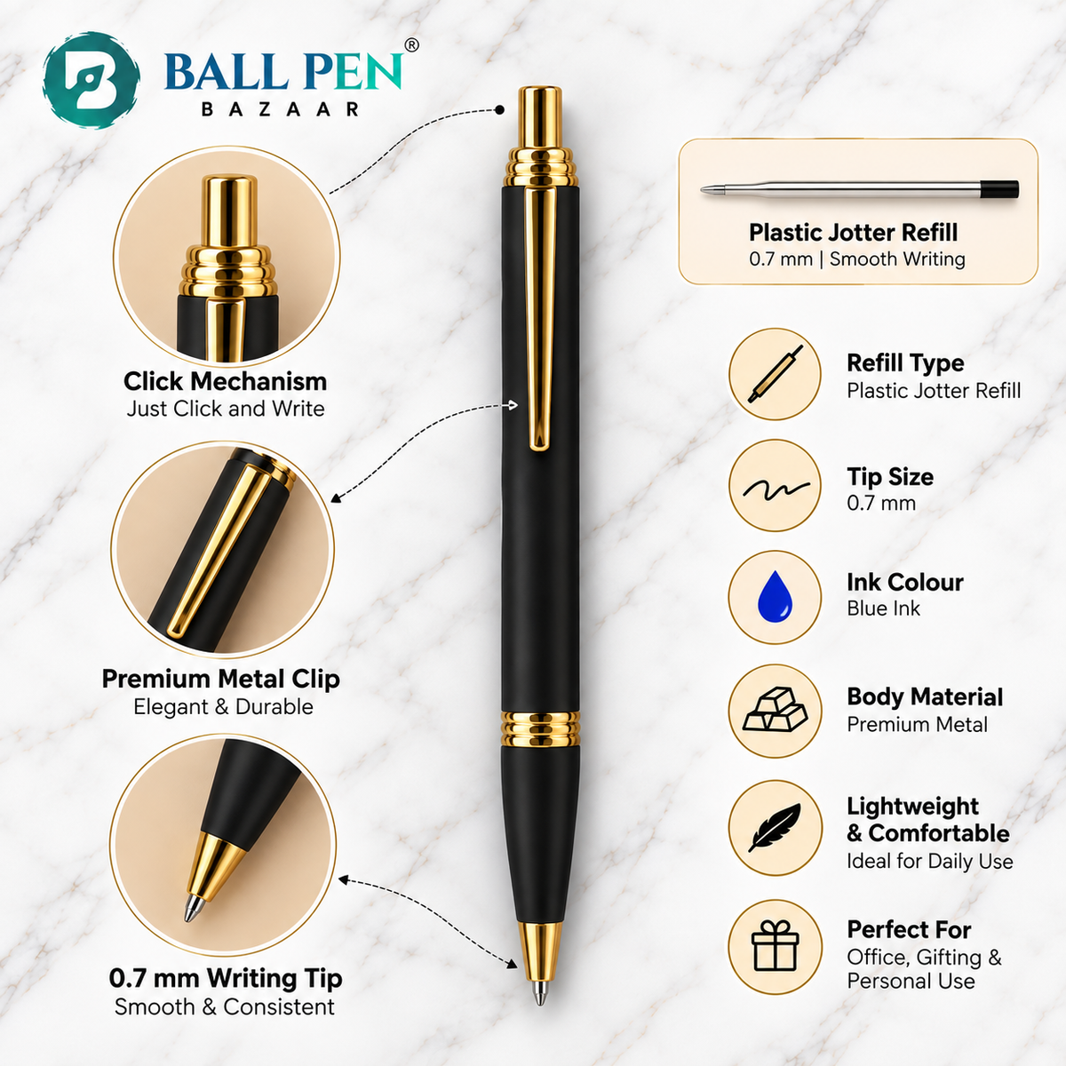 Set of 3 Premium Black Metal Click Ball Pens – Rose Gold & Gold Trim | Blue Ink | 3 Free Refills | Executive Gift Pen Set