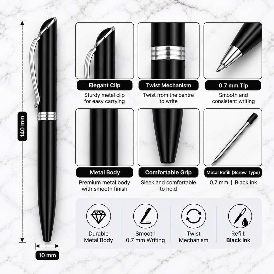 Metallic Glossy Black Ball Pen with Silver Clip | Twist Mechanism | Black Ink | 1 Extra Refill