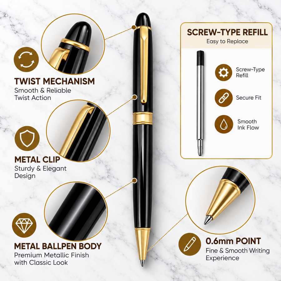 Metallic Glossy Black Ball Pen with Gold Clip – Twist Mechanism, Blue Ink & 1 Extra Refill Free
