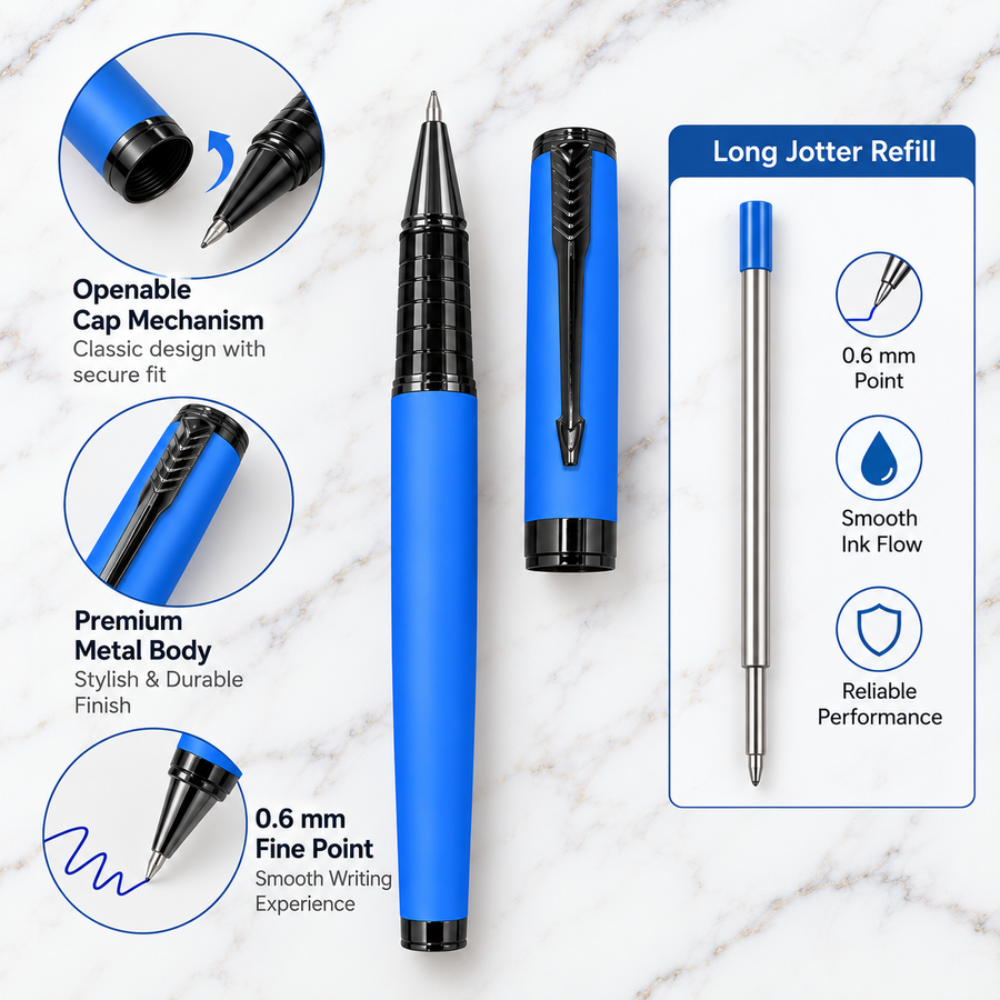 Matt Blue Metal Ball Pen with Glossy Black Clip – Openable Mechanism | Blue Ink | 1 Extra Refill Free