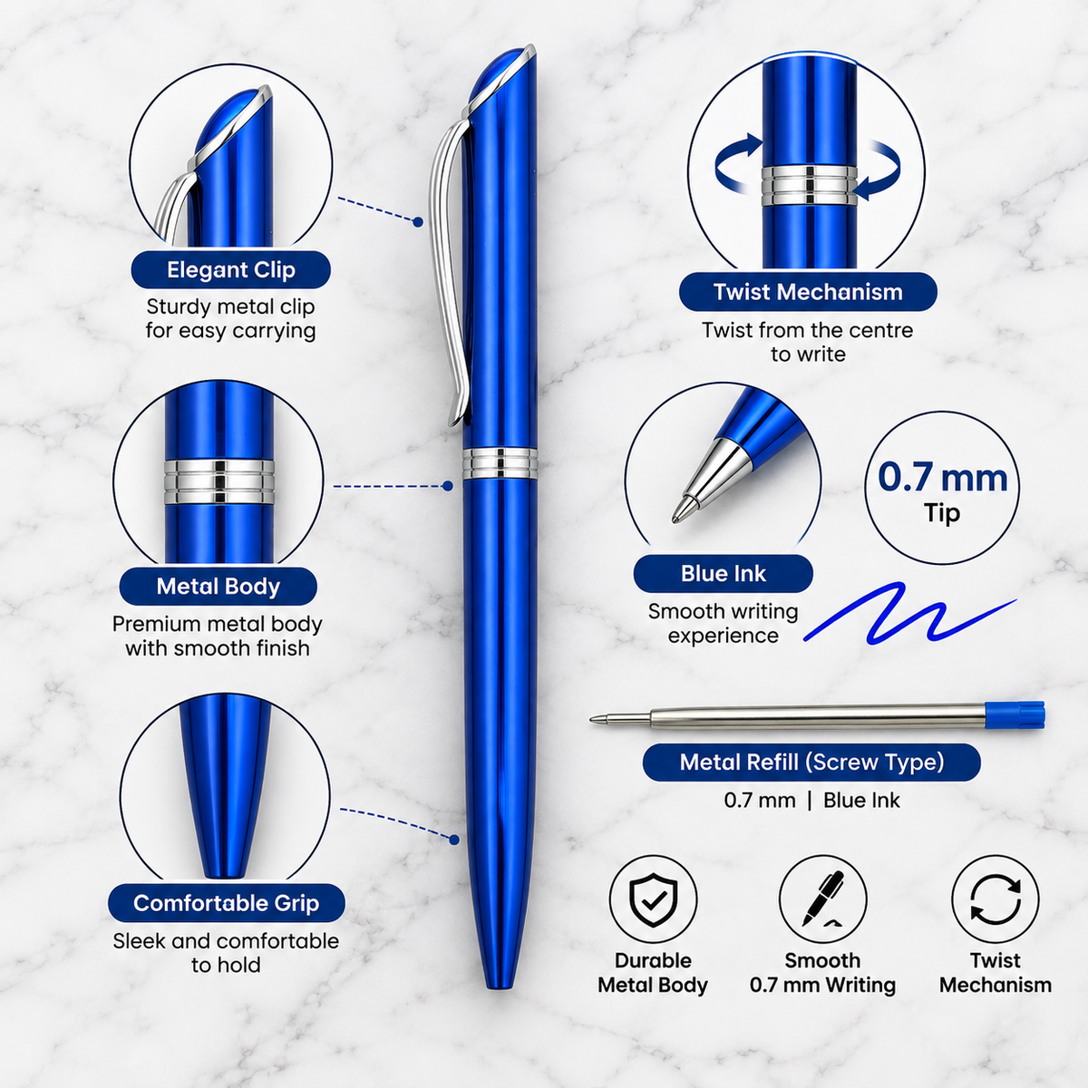 Set of 3 Metallic Glossy Twist Metal Ball Pens – Blue, Red & Black | Blue Ink | 3 Free Refills | Executive Gift Pen Set