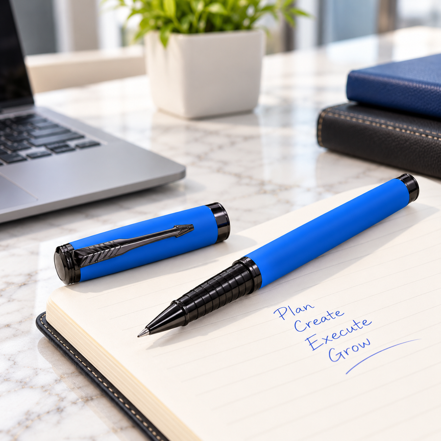 Matt Blue Metal Ball Pen with Glossy Black Clip – Openable Mechanism | Blue Ink | 1 Extra Refill Free