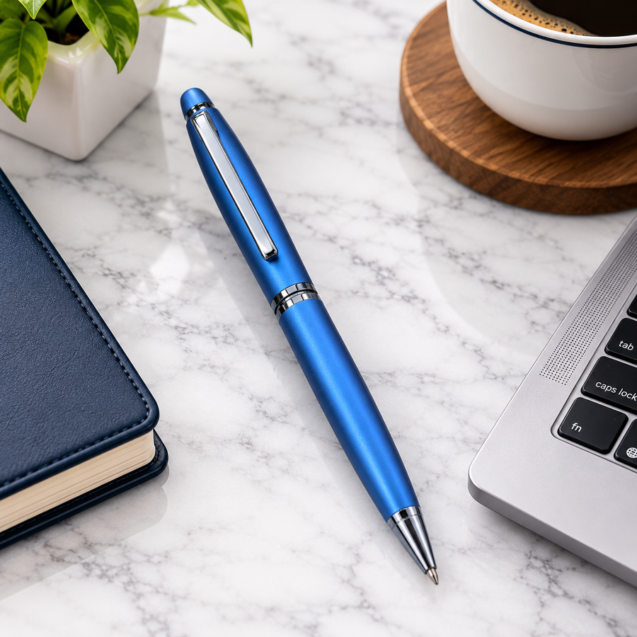 Matt Blue Metal Ball Pen with Glossy Blue Clip | Twist Mechanism | Blue Ink | 1 Extra Refill Free