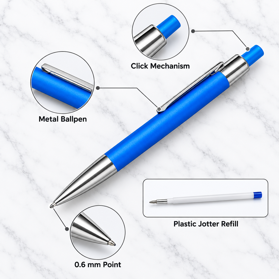 Ball Pen Bazaar Matt Blue Ball Pen with Silver Design & Silver Clip | Click Mechanism | Blue Ink | 1 Extra Refill